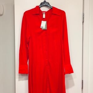 H&M Red Maxi Shirt style Dress w/tie belt and long sleeves, Sz S (US4-6) NWT